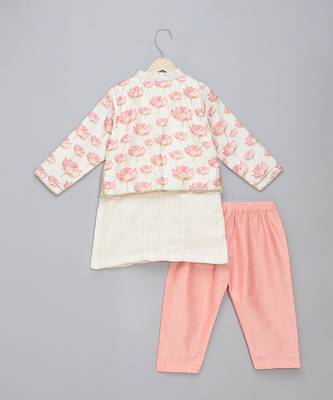 Off white floral printed cotton silk father son kurta combo set 4