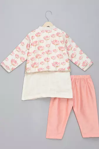 Off white floral printed cotton silk father son kurta combo set