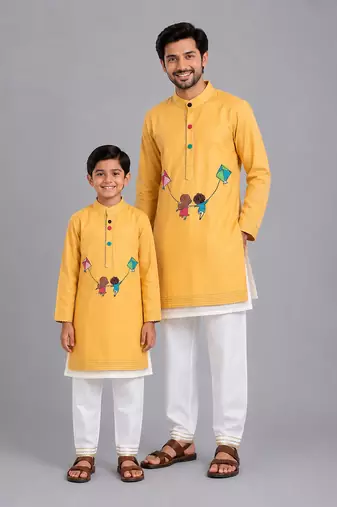 Mustard yellow kite printed cotton silk father son kurta combo set