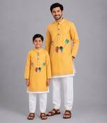Mustard yellow kite printed cotton silk father son kurta combo set