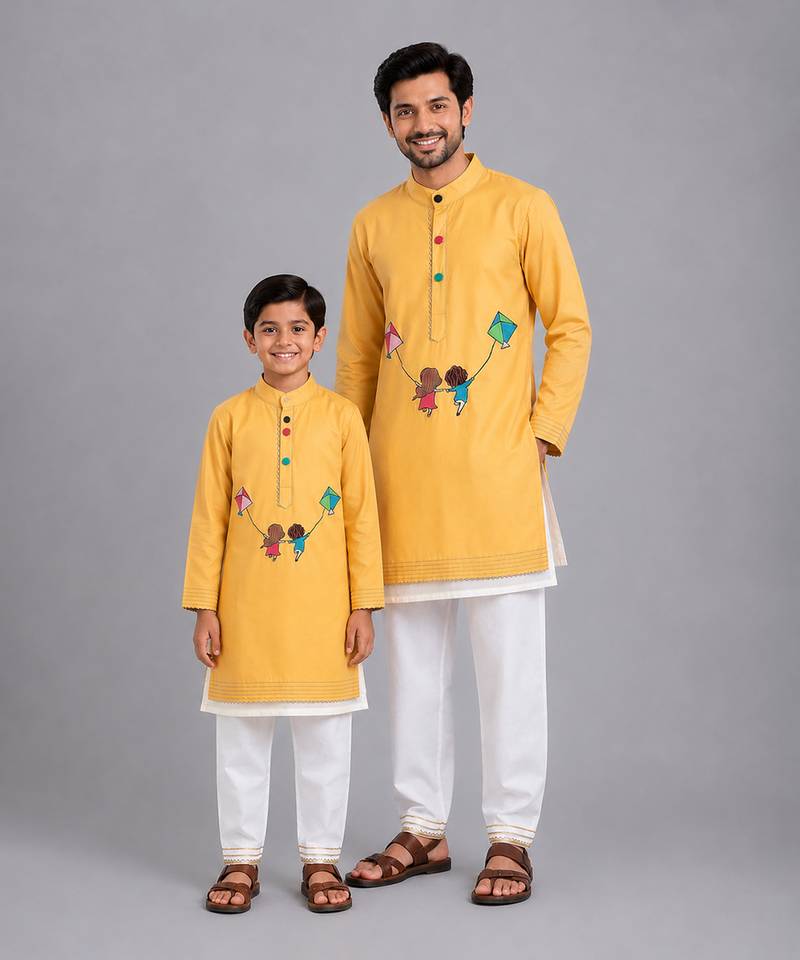 Mustard yellow kite printed cotton silk father son kurta combo set