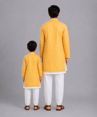 Mustard yellow kite printed cotton silk father son kurta combo set 2