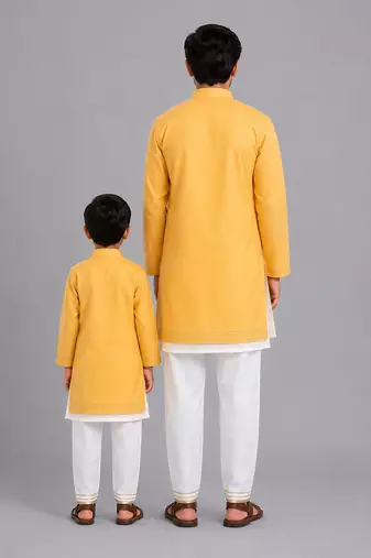 Mustard yellow kite printed cotton silk father son kurta combo set