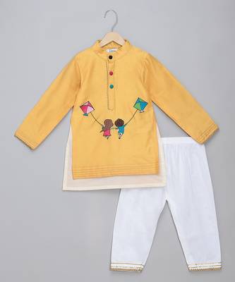 Mustard yellow kite printed cotton silk father son kurta combo set 3
