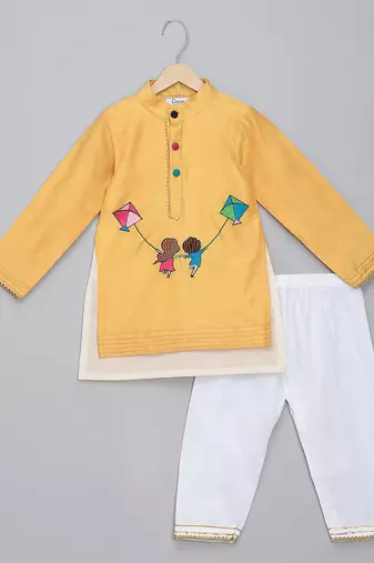 Mustard yellow kite printed cotton silk father son kurta combo set