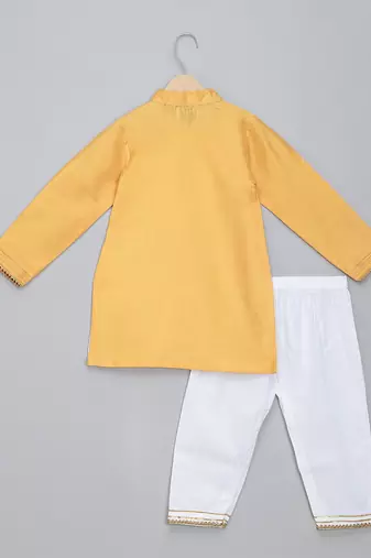 Mustard yellow kite printed cotton silk father son kurta combo set