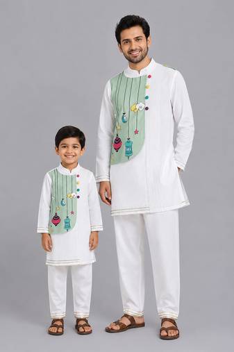 White green printed cotton silk father son kurta combo set
