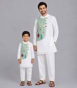 White green printed cotton silk father son kurta combo set
