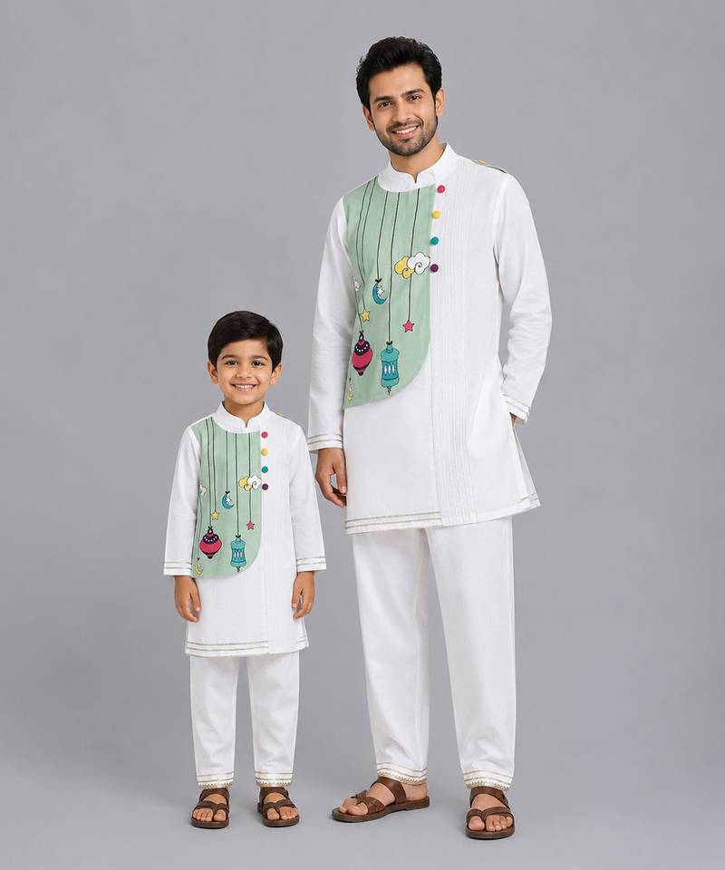 White green printed cotton silk father son kurta combo set