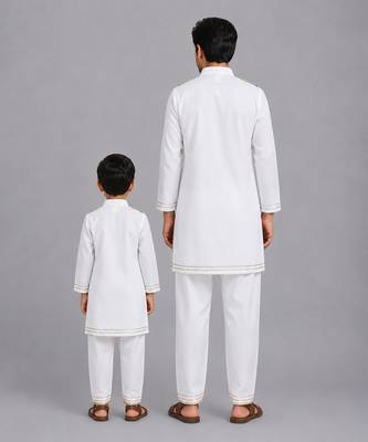 White green printed cotton silk father son kurta combo set 2