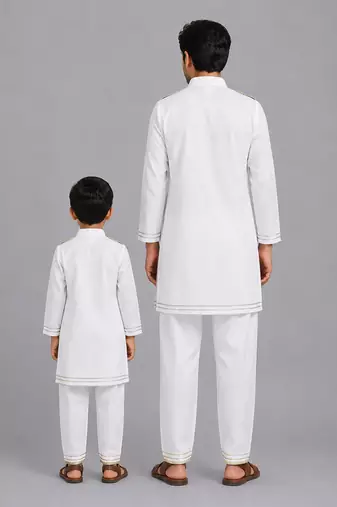 White green printed cotton silk father son kurta combo set