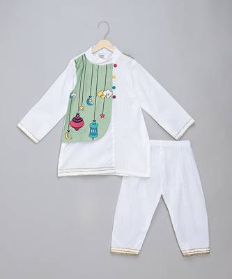 White green printed cotton silk father son kurta combo set 3