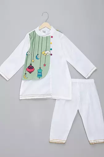 White green printed cotton silk father son kurta combo set