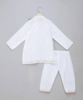 White green printed cotton silk father son kurta combo set 4