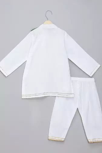 White green printed cotton silk father son kurta combo set