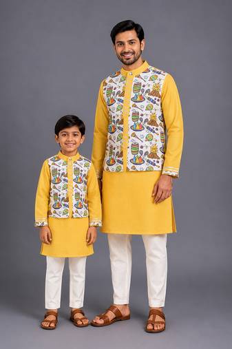 Mustard yellow printed cotton father son kurta combo set