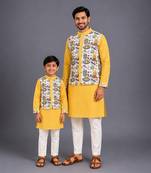 Mustard yellow printed cotton father son kurta combo set