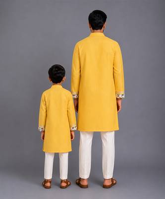 Mustard yellow printed cotton father son kurta combo set 2