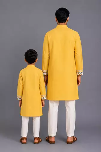 Mustard yellow printed cotton father son kurta combo set