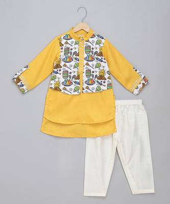 Mustard yellow printed cotton father son kurta combo set 3