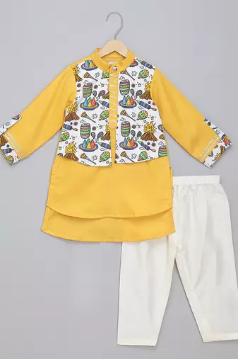 Mustard yellow printed cotton father son kurta combo set