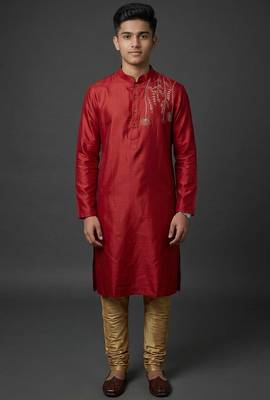 Red silk kurta set for men's 1