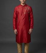 Red silk kurta set for men's