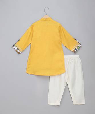 Mustard yellow printed cotton father son kurta combo set 4