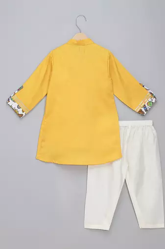 Mustard yellow printed cotton father son kurta combo set