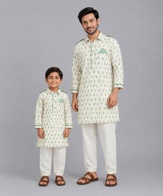 Sage green printed cotton silk father son kurta combo set 1