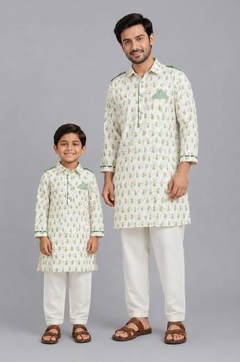Sage green printed cotton silk father son kurta combo set
