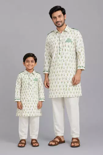 Sage green printed cotton silk father son kurta combo set