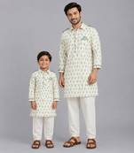 Sage green printed cotton silk father son kurta combo set