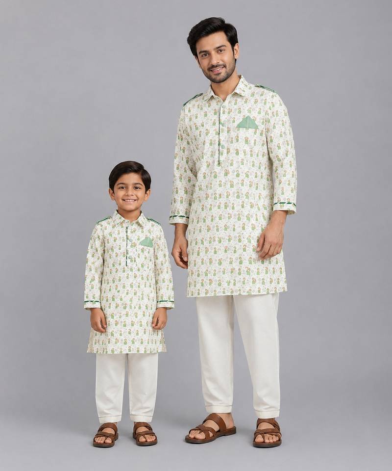 Sage green printed cotton silk father son kurta combo set
