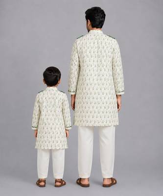 Sage green printed cotton silk father son kurta combo set 2