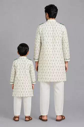 Sage green printed cotton silk father son kurta combo set