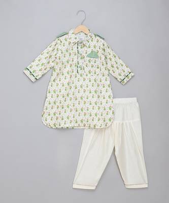 Sage green printed cotton silk father son kurta combo set 3