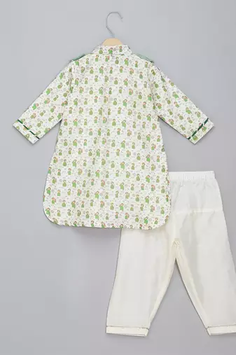 Sage green printed cotton silk father son kurta combo set