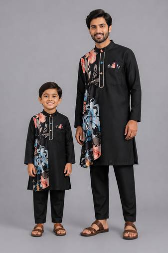 Black printed cotton silk father son kurta combo set