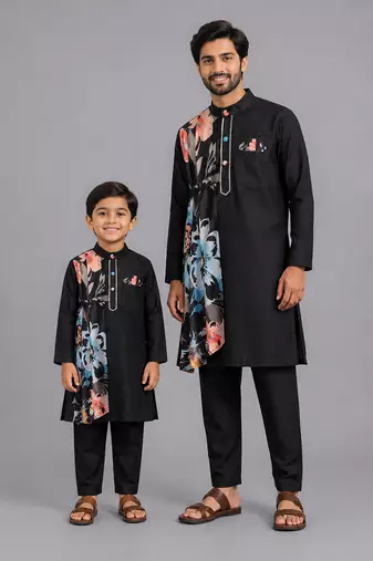 Black printed cotton silk father son kurta combo set