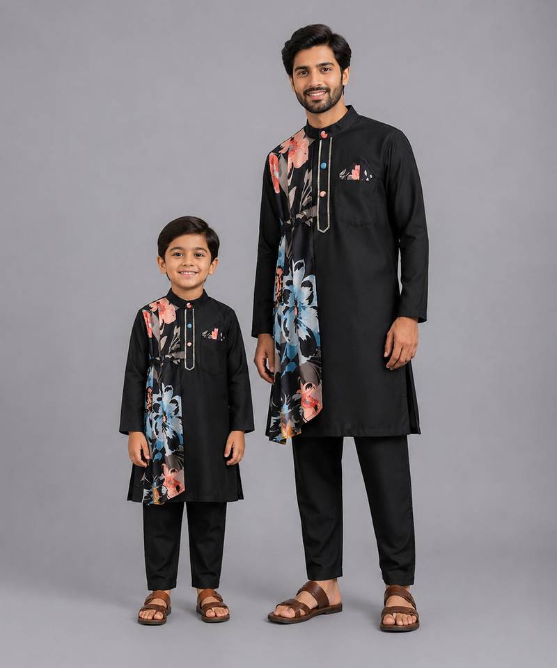 Black printed cotton silk father son kurta combo set