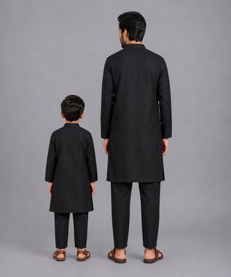 Black printed cotton silk father son kurta combo set 2