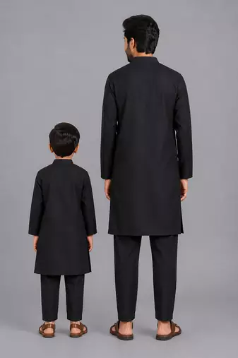 Black printed cotton silk father son kurta combo set