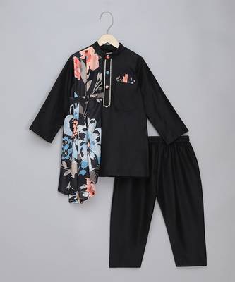 Black printed cotton silk father son kurta combo set 3