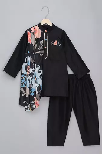 Black printed cotton silk father son kurta combo set