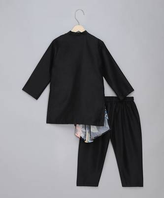 Black printed cotton silk father son kurta combo set 4