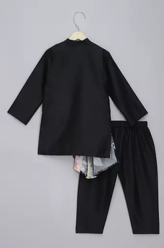 Black printed cotton silk father son kurta combo set