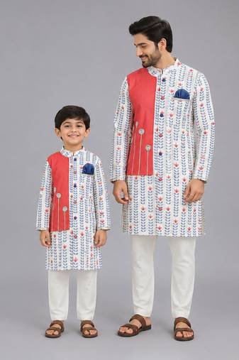 White coral red printed cotton silk father son kurta combo set