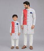 White coral red printed cotton silk father son kurta combo set