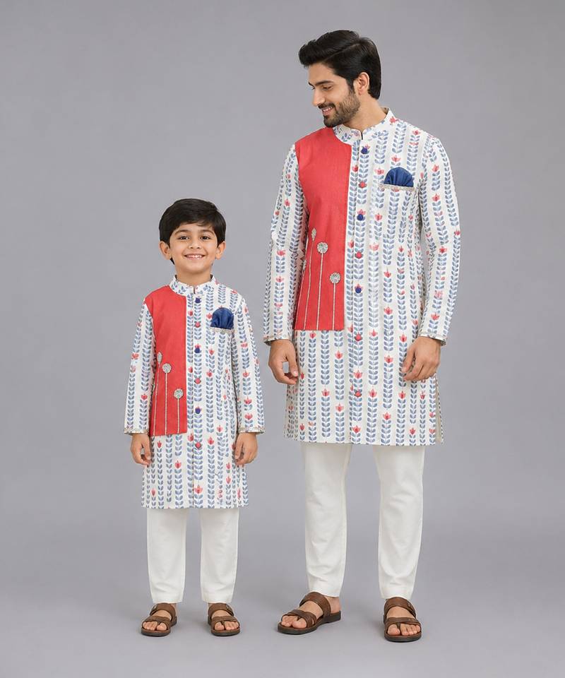 White coral red printed cotton silk father son kurta combo set